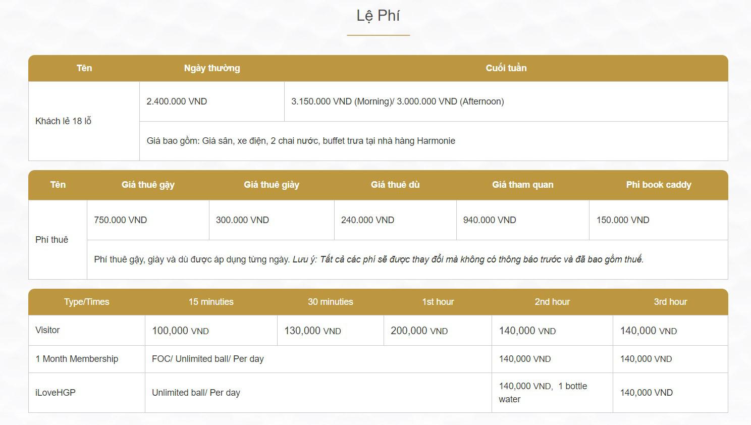 Bảng giá sân golf Harmonie Golf Park