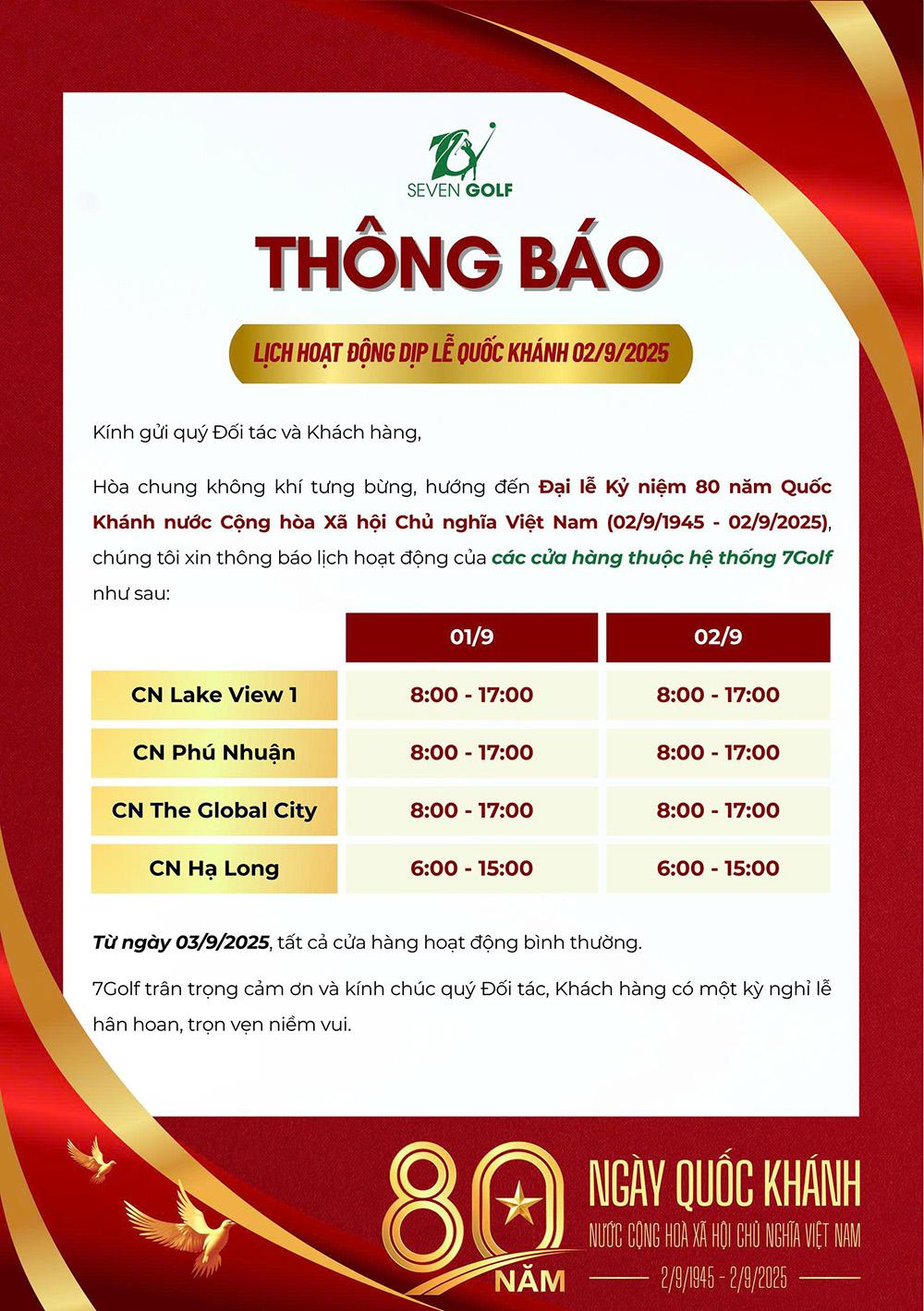 7Golf Thông Báo Lịch Hoạt Động Dịp Lễ Quốc Khánh 02/9/2025